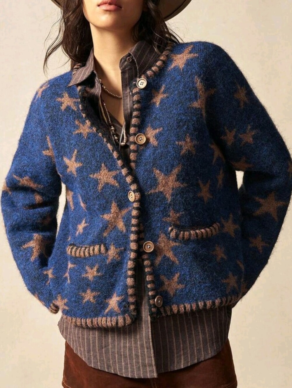 Women's Casual Star Jacquard Fuzzy Knit Cardigan,90s Retro Loose Long S - Picture 4 of 5